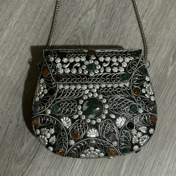 Handbags - Sajai Intricate Silver and Green Crossbody Bag